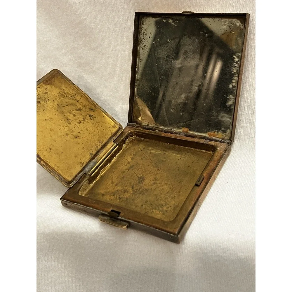VTG Brass Art Deco Embossed Flower Pot Window Compact Purse Mirror Square